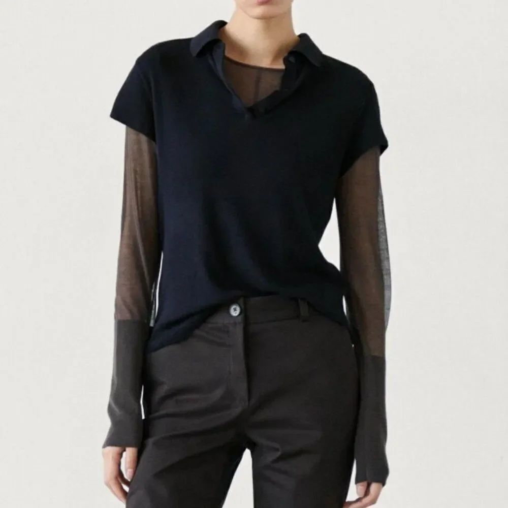 Massimo Dutti Womens Polo Shirt cashmere L Large Navy Blue Knit 6291/505 NWT